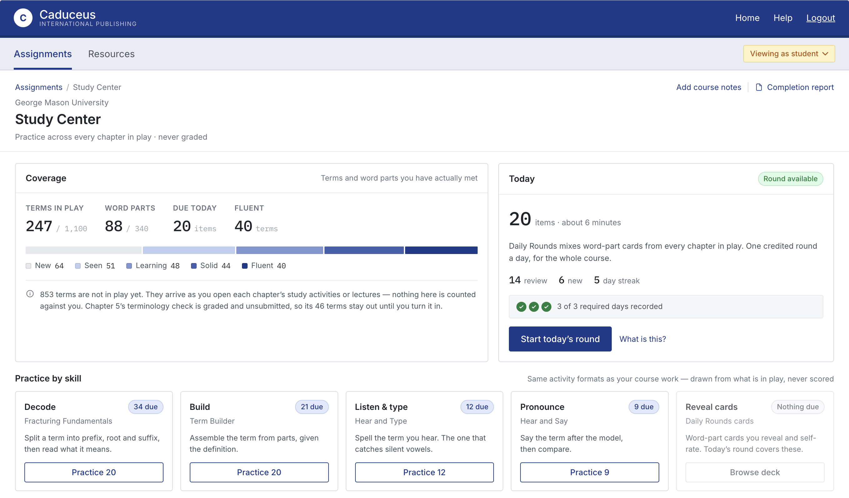 Study Center screen with ungraded practice across chapters, term coverage, and practice by skill.