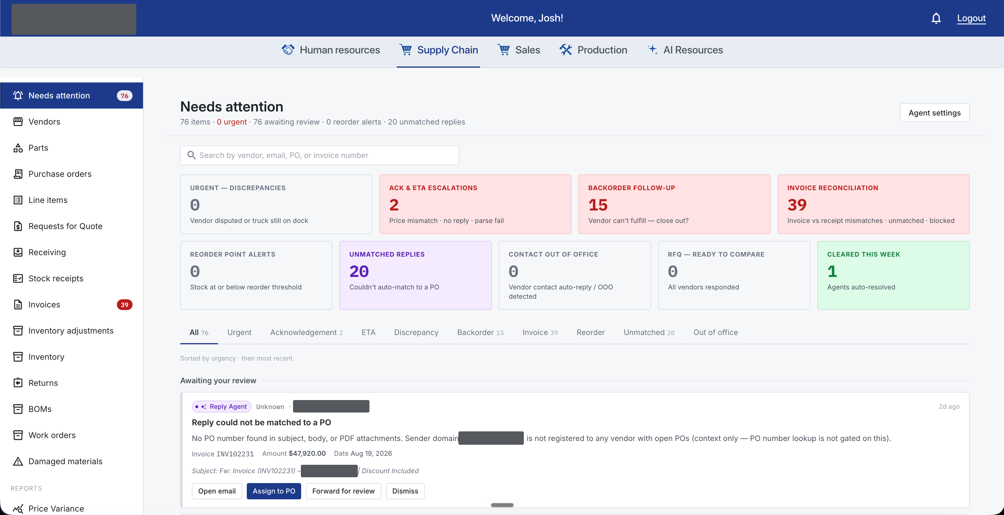 Supply chain needs-attention queue screenshot