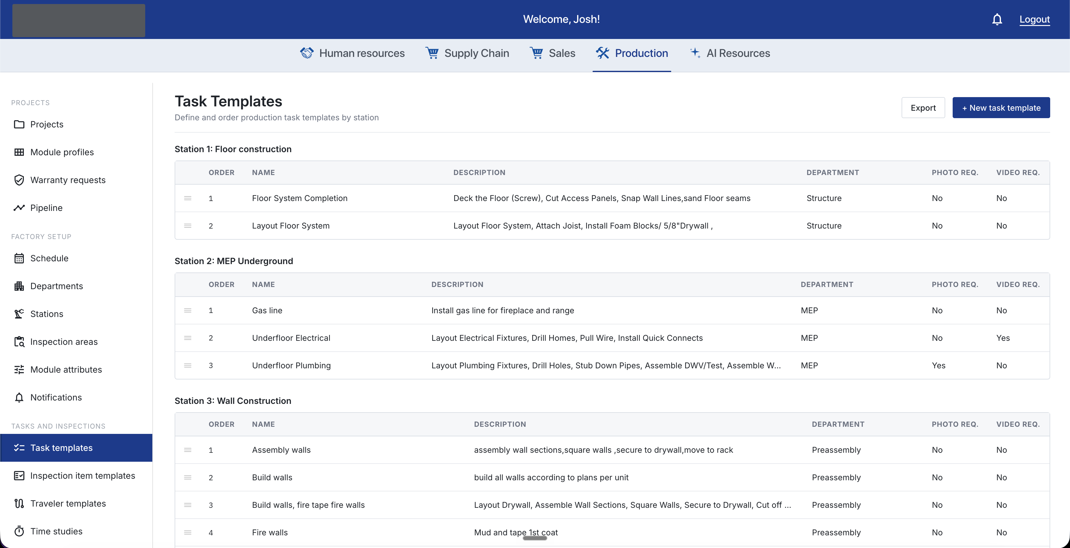 Production task templates screenshot